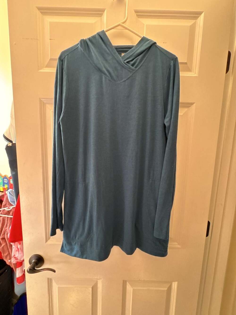 DU/ER Women's Blue Long Sleeve Cowl Neck Hoodie Tunic T-Shirt with Pockets